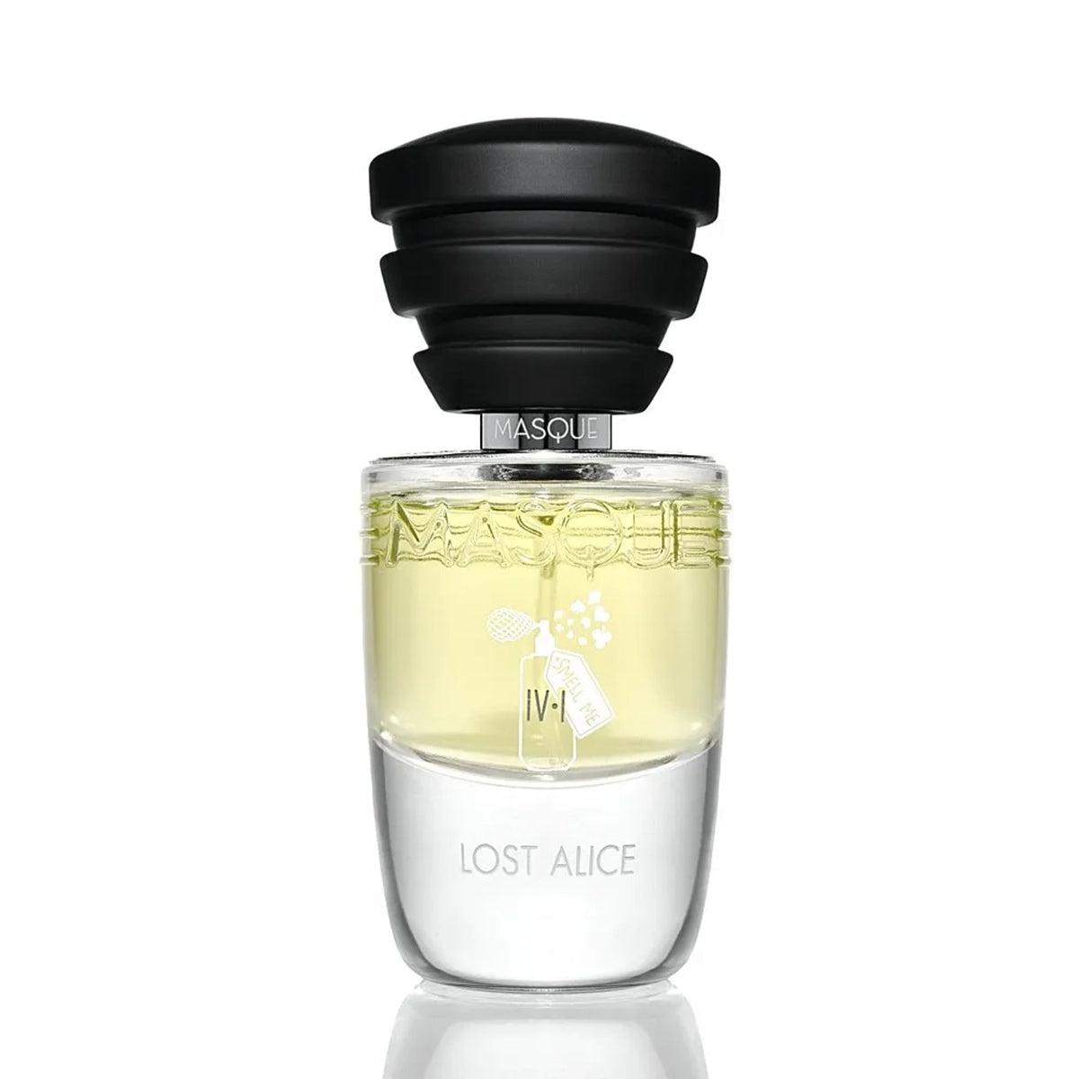 Perfume bottle labeled 'Lost Alice' with a black cap on a white background by Masque Milano