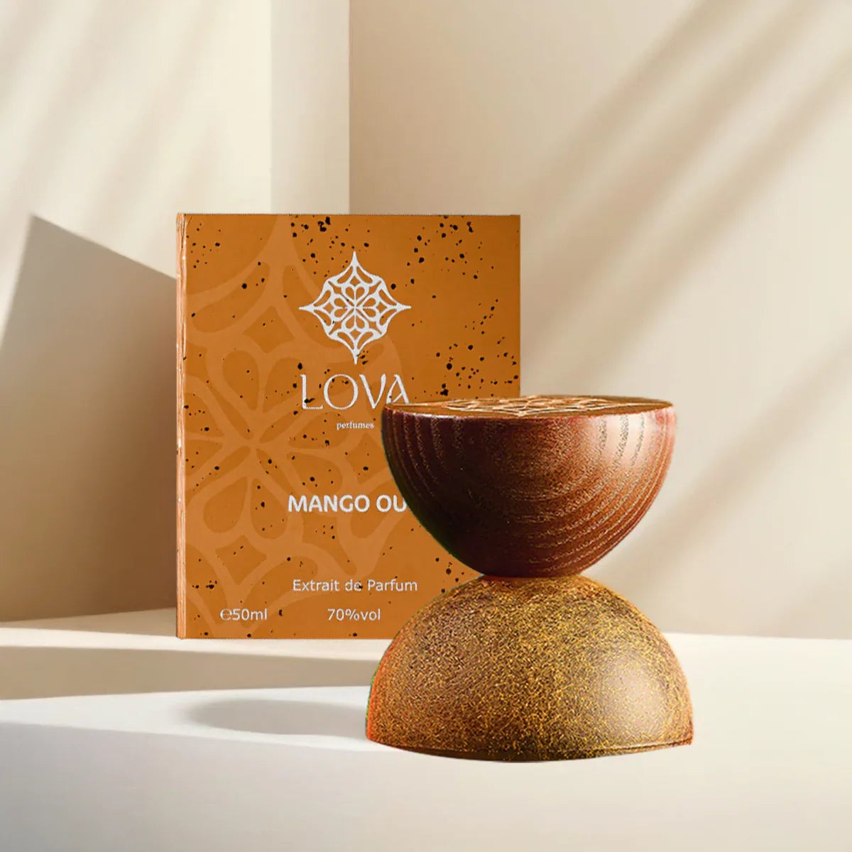 Mango Oud by LOVA luxury niche perfume bottle with packaging on neutral beige background