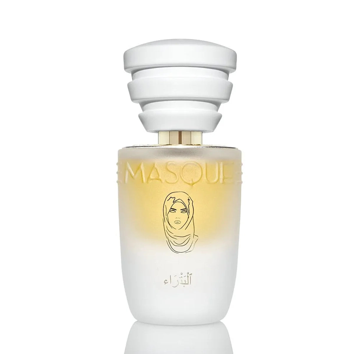 Perfume bottle labeled 'MASQUE' with a white cap on a white background by-Masque Milano