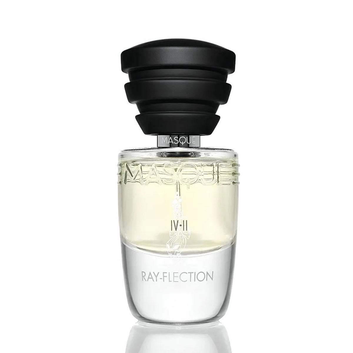 Ray Flection by Masque Milano in a Clear perfume bottle with black cap on a white background