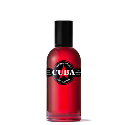 Red bottle of Cuba Aromatics with black cap on a white background