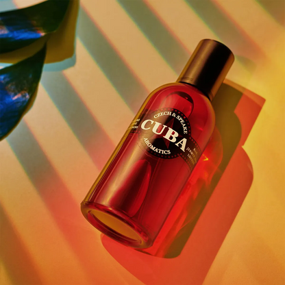 Bottle of Cuba perfume by Czech & Speake on a colorful background