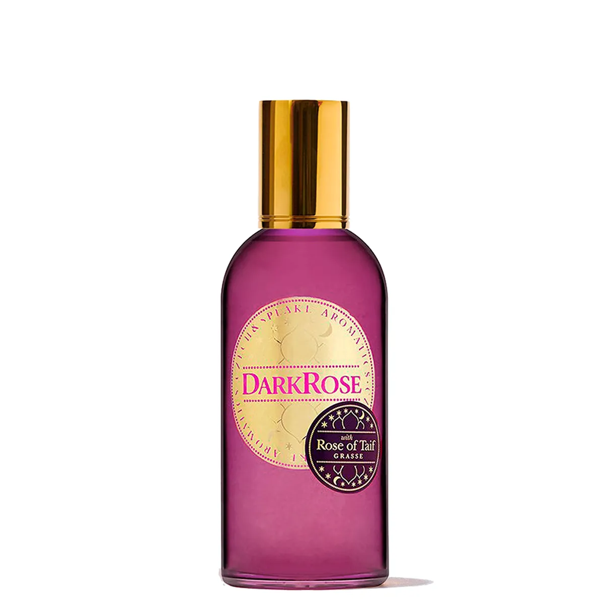 Purple bottle of Dark Rose perfume with gold cap on a white background