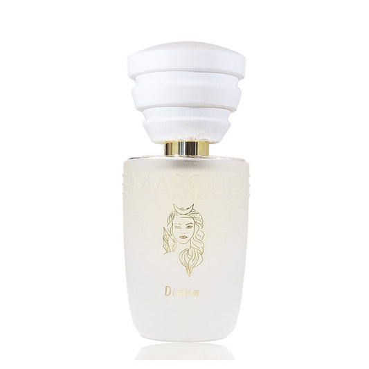 Diana by Masque Milano in a White perfume bottle with gold accents on a white background