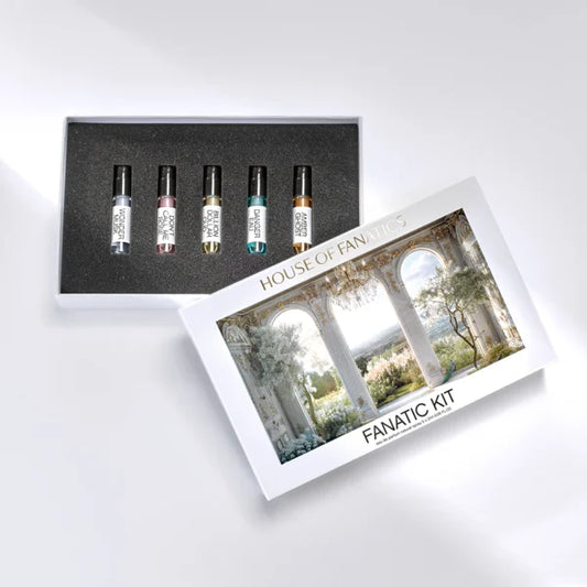 House of Fanatics Discovery Kit – A luxurious collection of bold, long-lasting fragrances. Available at Hallburg.ae.