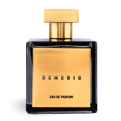 Perfume bottle labeled 'Genesis Eau de Parfum' with gold cap and label on a white background