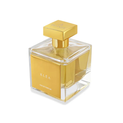 Gold and clear perfume bottle with 'KLEA' branding on a white background