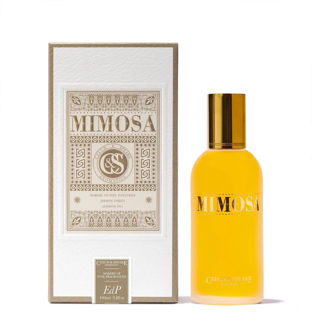 Yellow Mimosa perfume bottle with decorative box on a white background
