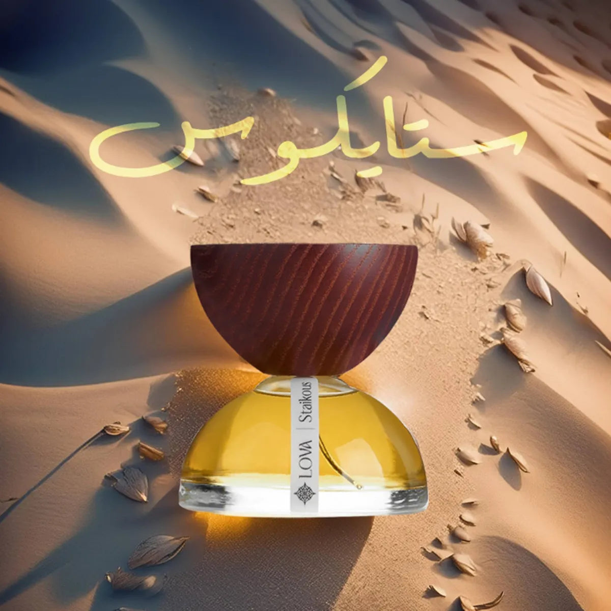 Perfume bottle with wooden cap on sand, brand 'LOVA' visible