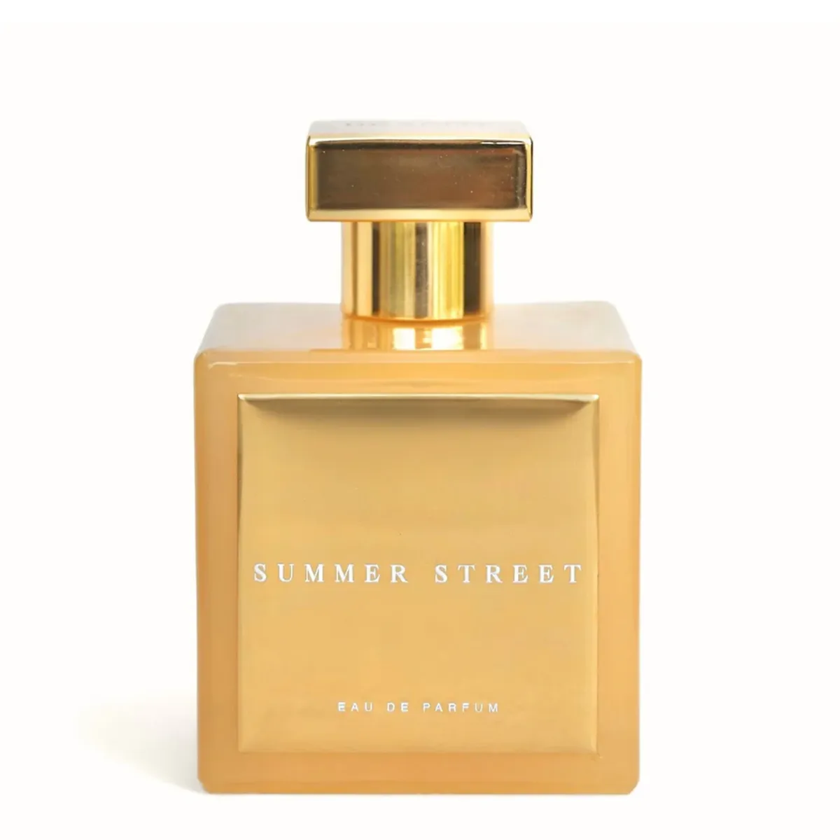 Gold perfume bottle labeled 'Summer Street' on a white background